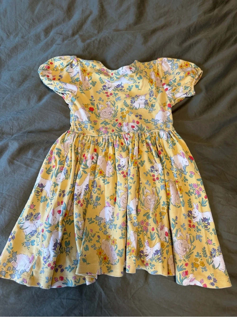 Mini Boden Yellow Bunny & Floral Puff Sleeve Dress 4-5y